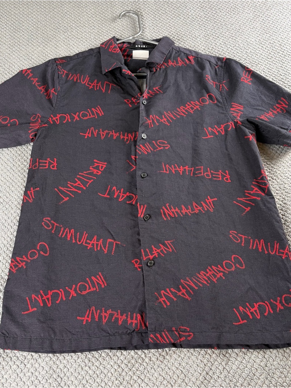 Ksubi linen blend Short-Sleeve Button-Down with Red Graphic Text